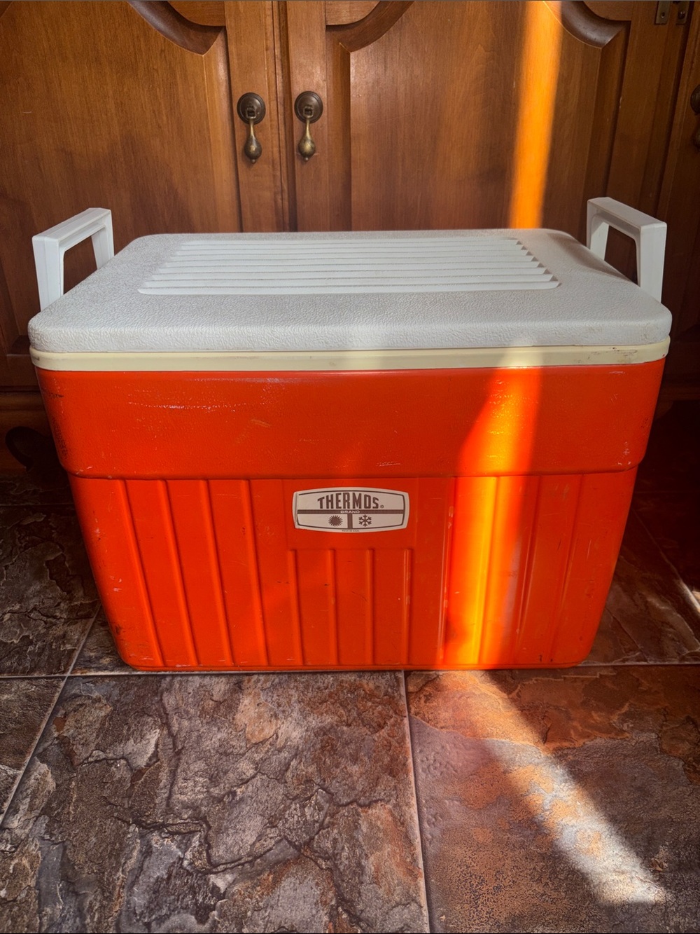 Vintage Thermos Bright Orange Cooler with White Logo Panel